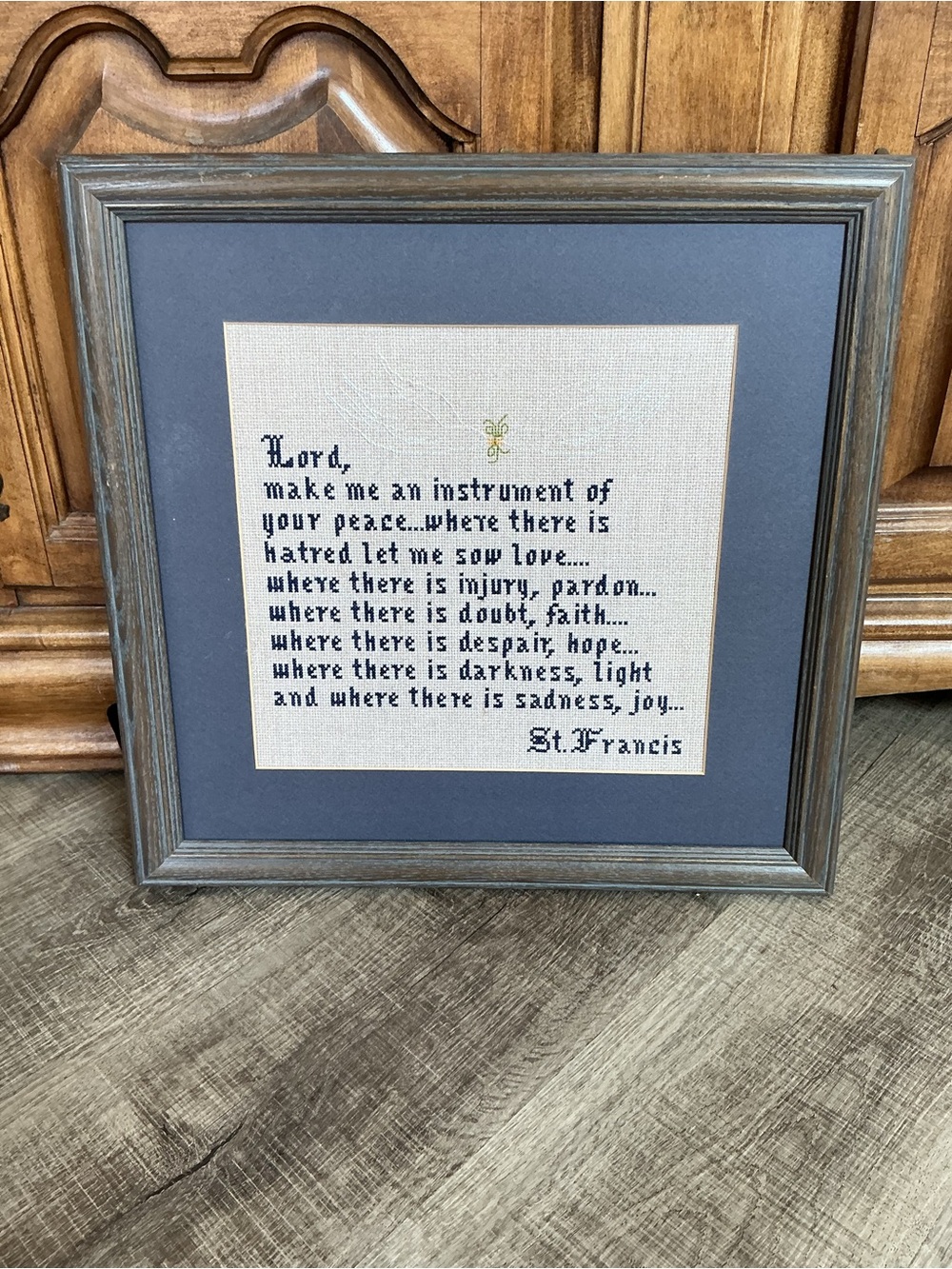 St. Francis Prayer Cross-Stitch Wall Art in Blue and Cream
